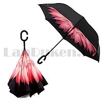 Зонт наоборот перевертыш механический с рисунком розового цветка