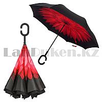 Чудо зонт Перевертыш двухслойный с системой антиветра и с ручкой крючком черный с рисунком красного цветка