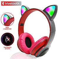 Беспроводные наушники стерео Bluetooth с микрофоном LED подсветкой и радио складные Cat Ears серо-красные