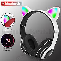 Беспроводные наушники стерео Bluetooth с микрофоном LED подсветкой и радио складные Cat Ears бело-черные