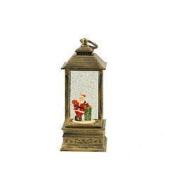 Светильник-фонарь декоративный Дед Мороз с подарком, с эффектом снега и подсветкой, квадратный