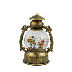 Светильник-фонарь декоративный Дед Мороз с оленем, с эффектом снега и подсветкой, круглый