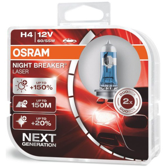Лампа галогенная OSRAM H4 60/55W P43t+150% Night Breaker Laser 4050K