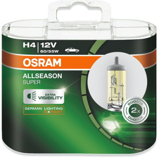Лампа галогенная OSRAM H4 60/55W P43t+30% Allseason Super, 2шт, 3000K 12V