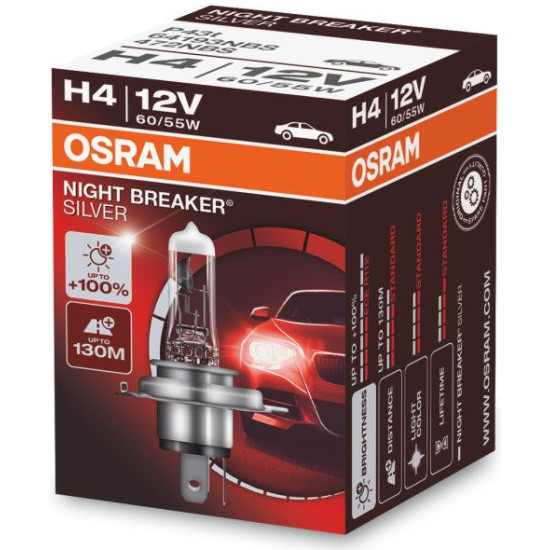 Лампа галогенная OSRAM H4 60/55W P43t+100% Night Breaker Silver 12V, фото 1