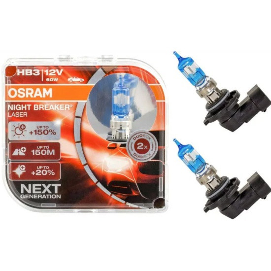 Лампа галогенная OSRAM HB3 60W P20d+150% Night Breaker Laser 3800K, 2шт, 12V