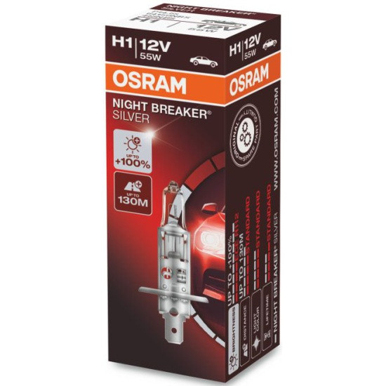 Лампа галогенная OSRAM H1 55W P14.5s+100% Night Breaker Silver 12V