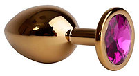 Золотая анальная пробка с розовым камнем, размер S, фото 2