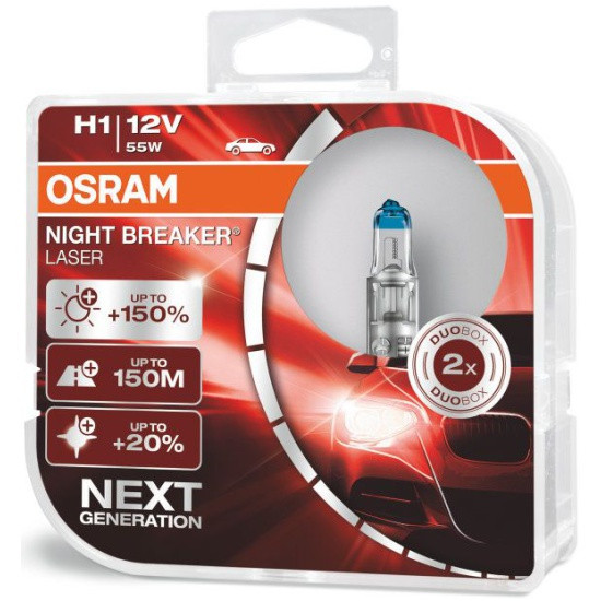 Лампа галогенная OSRAM H1 55W P14.5s+150% Night Breaker Laser 3500K, 2шт, 12V