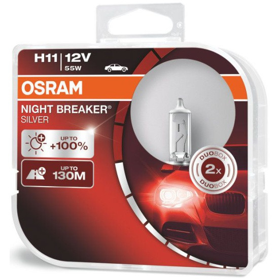 Лампа галогенная OSRAM H11 55W PGJ19-2+100% Night Breaker Silver, 2шт, 12V