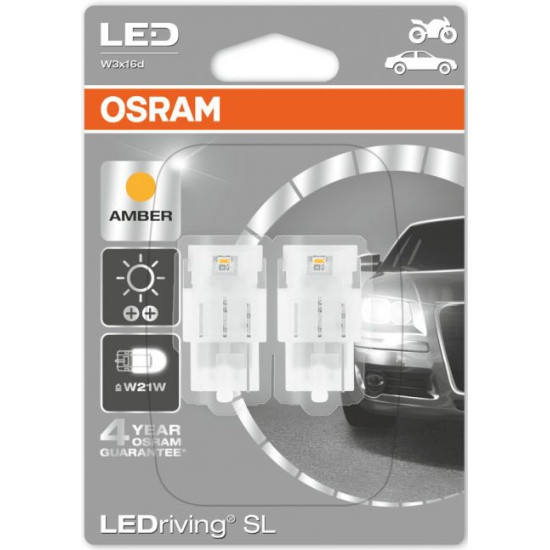 Лампа автомобильная OSRAM Standart Amber W21W (W3*16d) LED 12V, 2шт, фото 1