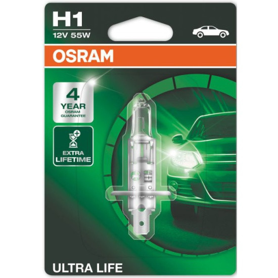 Лампа автомобильная OSRAM Ultra Life H1 55W P14.5s (бл.) 12V, 1шт,