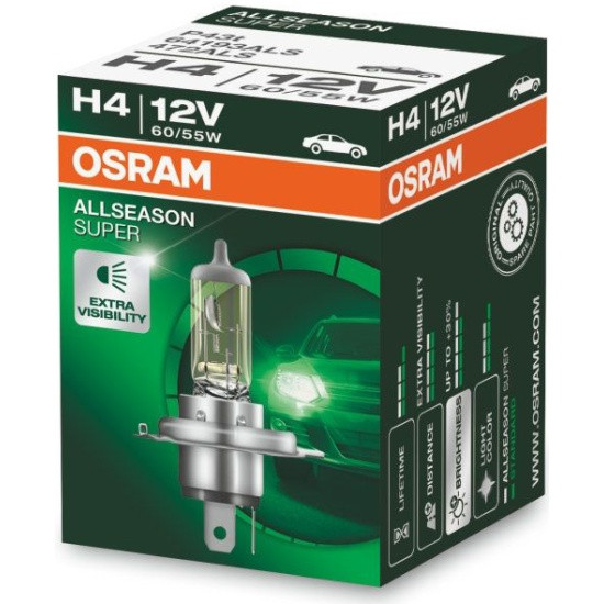 Лампа автомобильная OSRAM AllSeason Super H4 65W P43t+30% 3000K 12V, 1шт