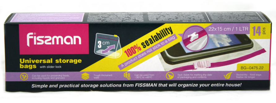 0475 FISSMAN Универсальные объемные пакеты 22x15 см с замком-слайдером (14 шт.), (полиэтилен)