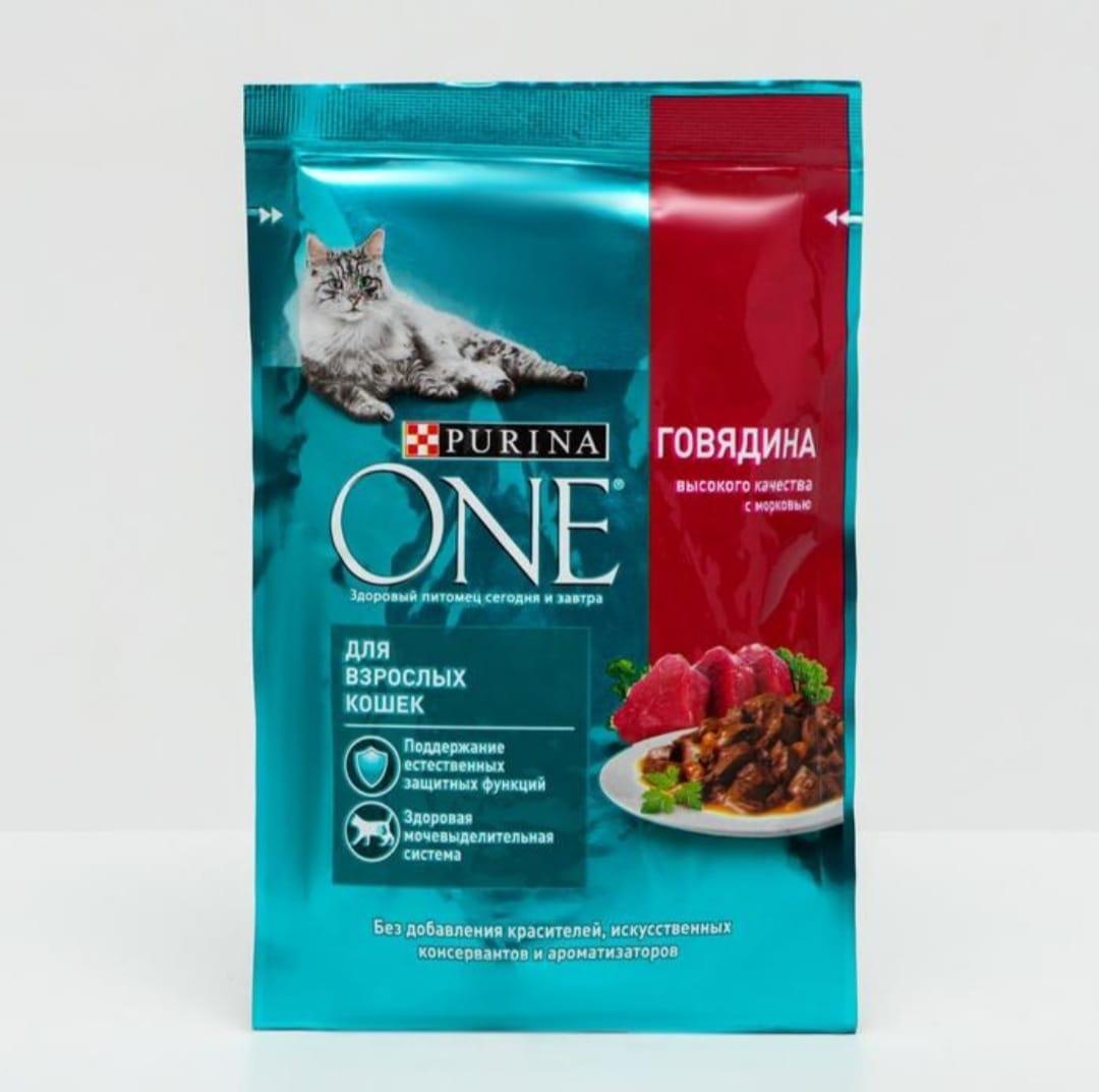 Purina one (Пурина Уан) Влажный корм для взрослых кошек, с говядиной, 75 г, фото 1