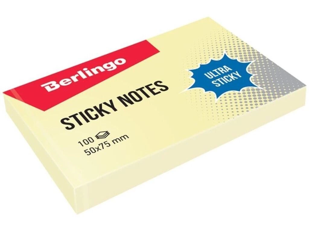Клейкие листки BERLINGO "Ultra Sticky" 50х75 мм, желтые, 100 листов