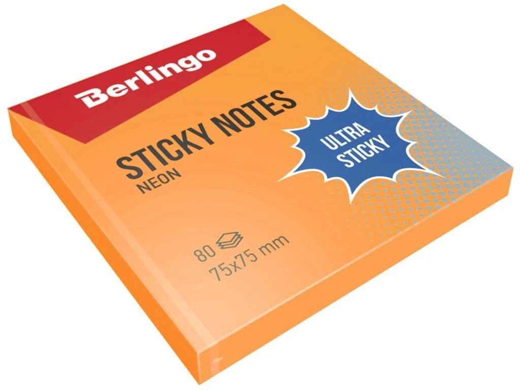 Клейкие листки BERLINGO "Ultra Sticky" 75х75 мм, оранжевый неон, 80 листов