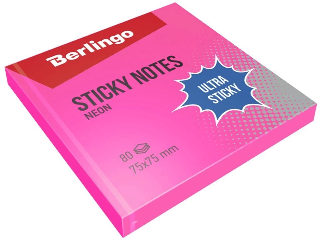 Клейкие листки BERLINGO "Ultra Sticky" 75х75 мм, розовый неон, 80 листов
