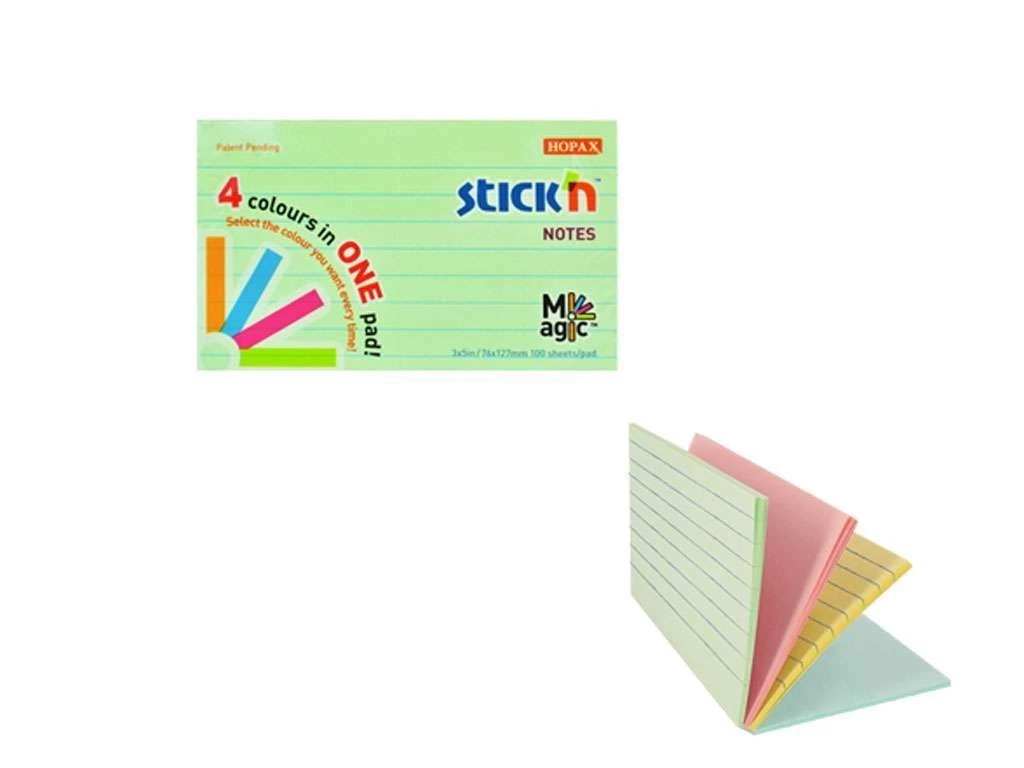 Клейкие листики STICK`N Magic 76 х 127 мм, 4 цвета, пастель 100 листов