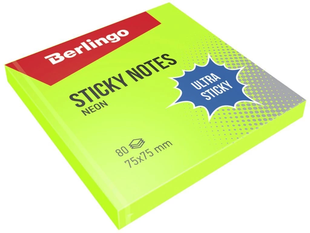 Клейкие листки BERLINGO "Ultra Sticky" 75х75 мм, зелёный неон, 80 листов