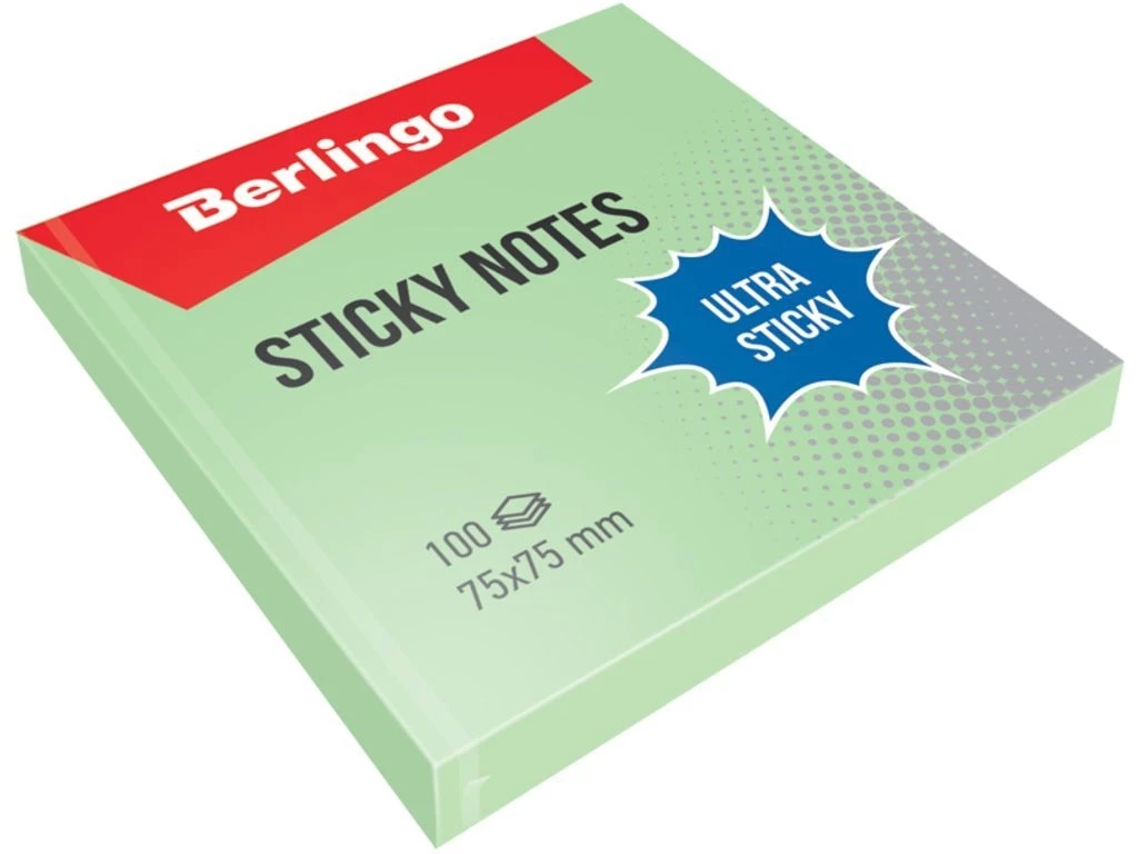 Клейкие листки BERLINGO "Ultra Sticky" 75х75 мм, зеленый пастель, 100 листов