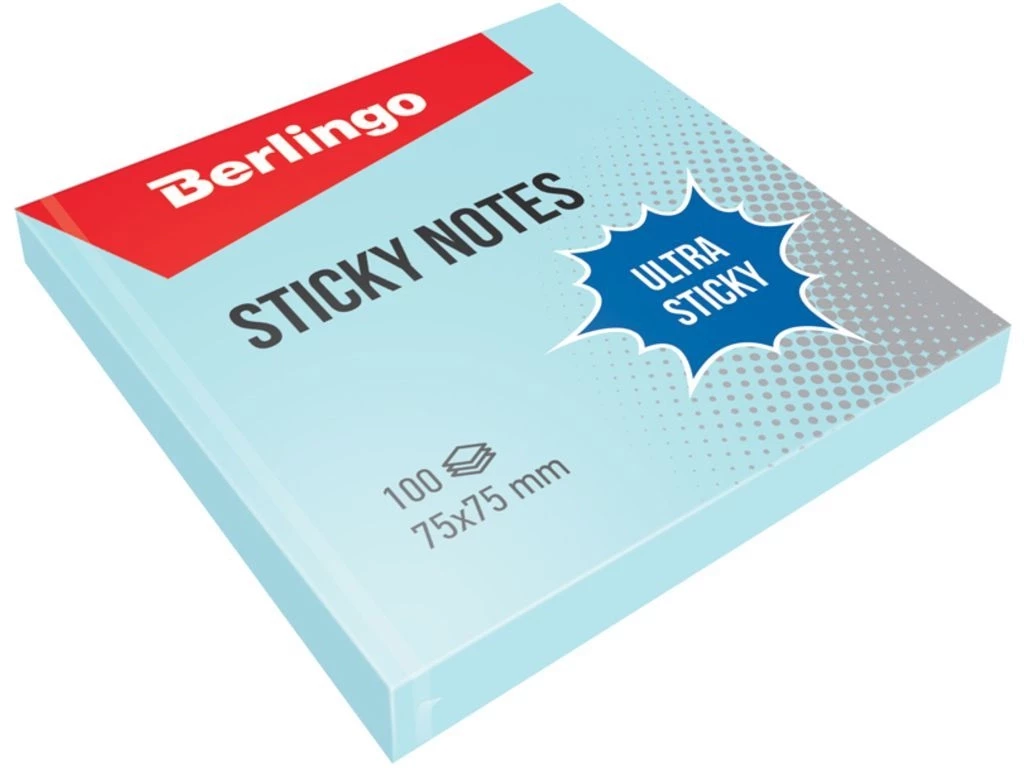 Клейкие листки BERLINGO "Ultra Sticky" 75х75 мм, голубой пастель, 100 листов