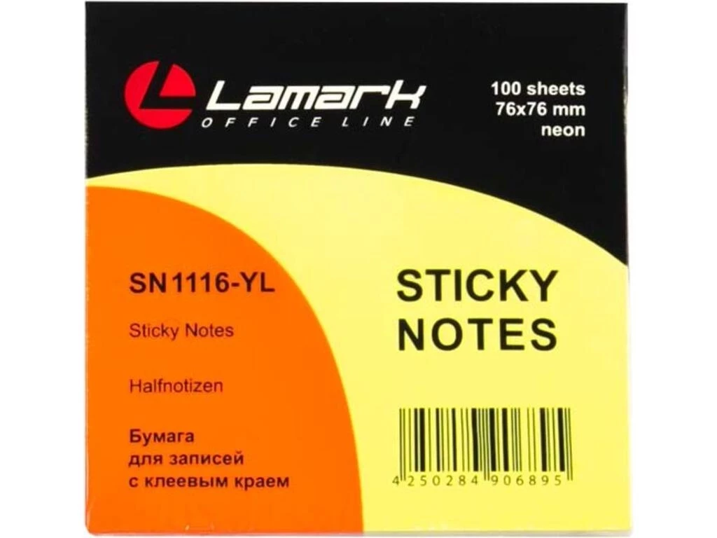 Клейкие листки Lamark 76х76 мм, желтый неон, 100 листов