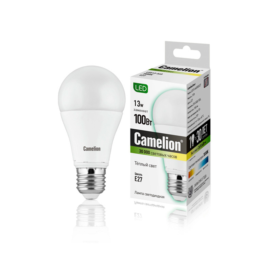 Эл. лампа светодиодная Camelion LED13-A60/830/E27, Тёплый - фото 1 - id-p96631084