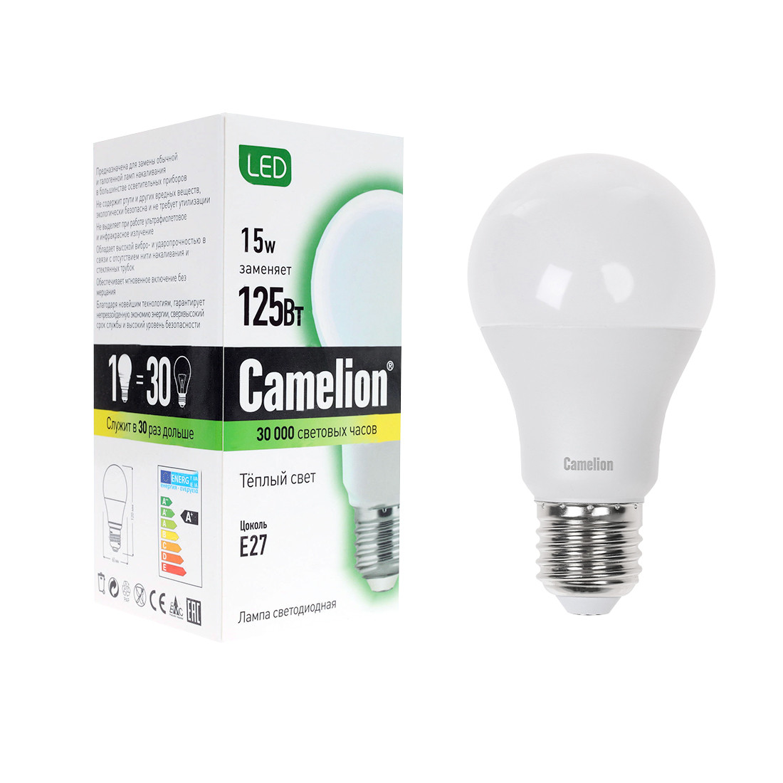 Эл. лампа светодиодная Camelion LED15-A60/830/E27, Тёплый - фото 1 - id-p96631087