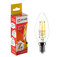 Лампа светодиодная IN HOME, Е14, С37, 7 Вт, 630 Лм, 3000 К, теплый белый, прозрачная