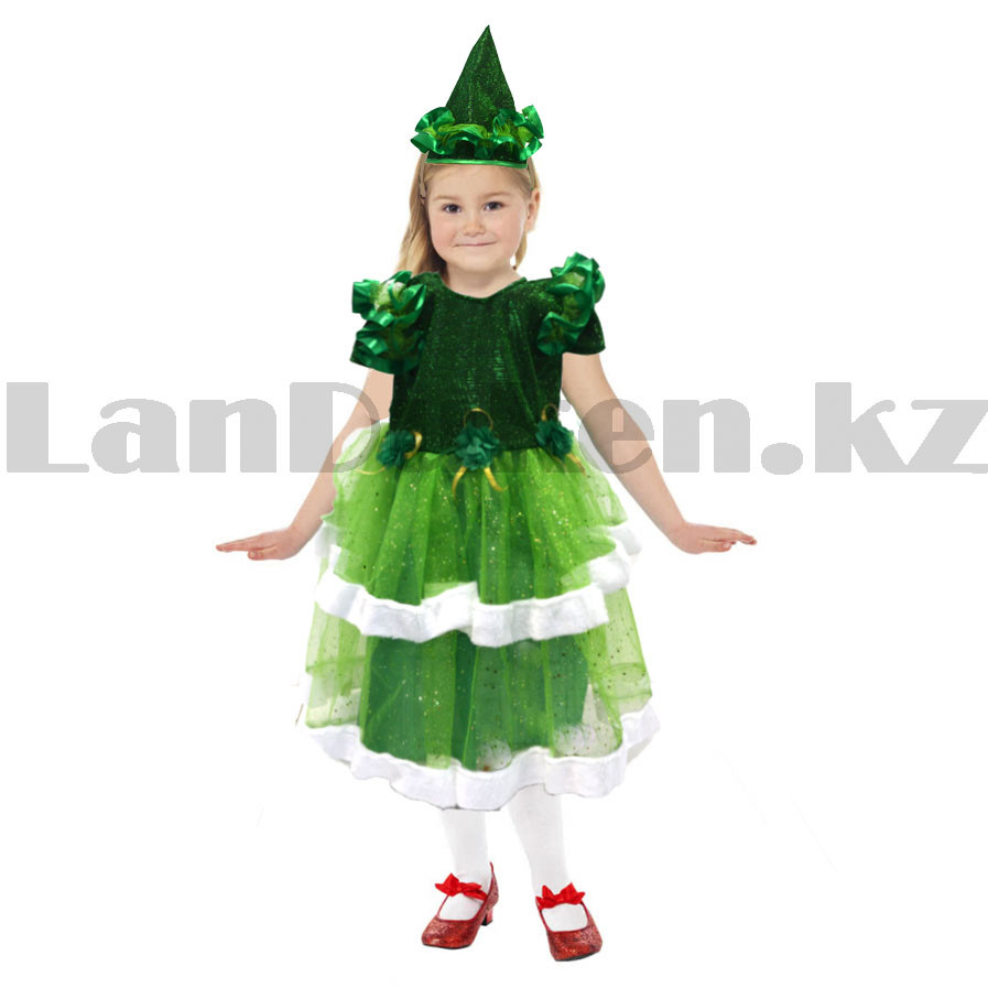Костюм детский карнавальный Елочка с шапочкой зеленый с меховой оторочкой - фото 3 - id-p96686268