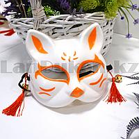Маска Кицунэ японской демонической лисы Kitsune fox на резинке колокольчиками и кисточками оранжевая
