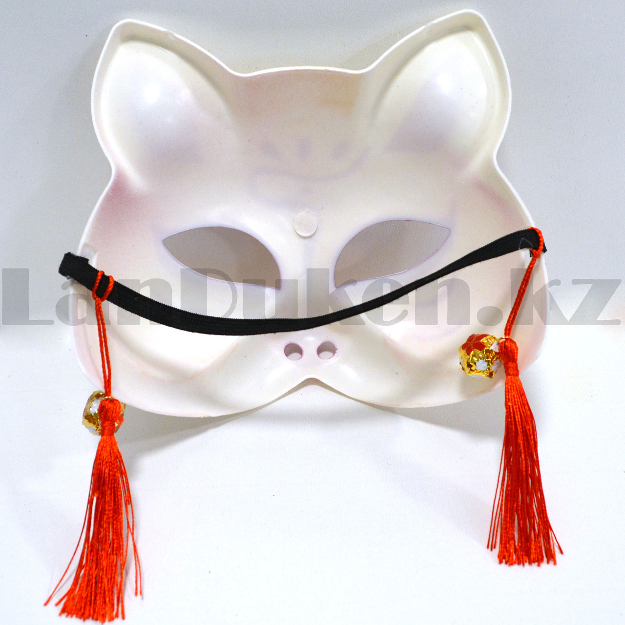 Маска Кицунэ японской демонической лисы Kitsune fox на резинке с колокольчиками и кисточками красная - фото 5 - id-p96720929