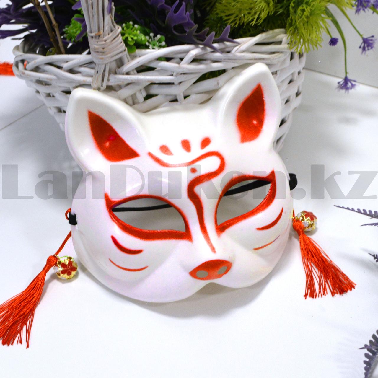 Маска Кицунэ японской демонической лисы Kitsune fox на резинке с колокольчиками и кисточками красная - фото 1 - id-p96720929