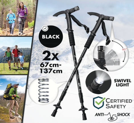Трекинговые палки телескопические с Т-образной ручкой и фонариком NECASIL 4STEPS {AntiShock, 50-110см}, фото 1