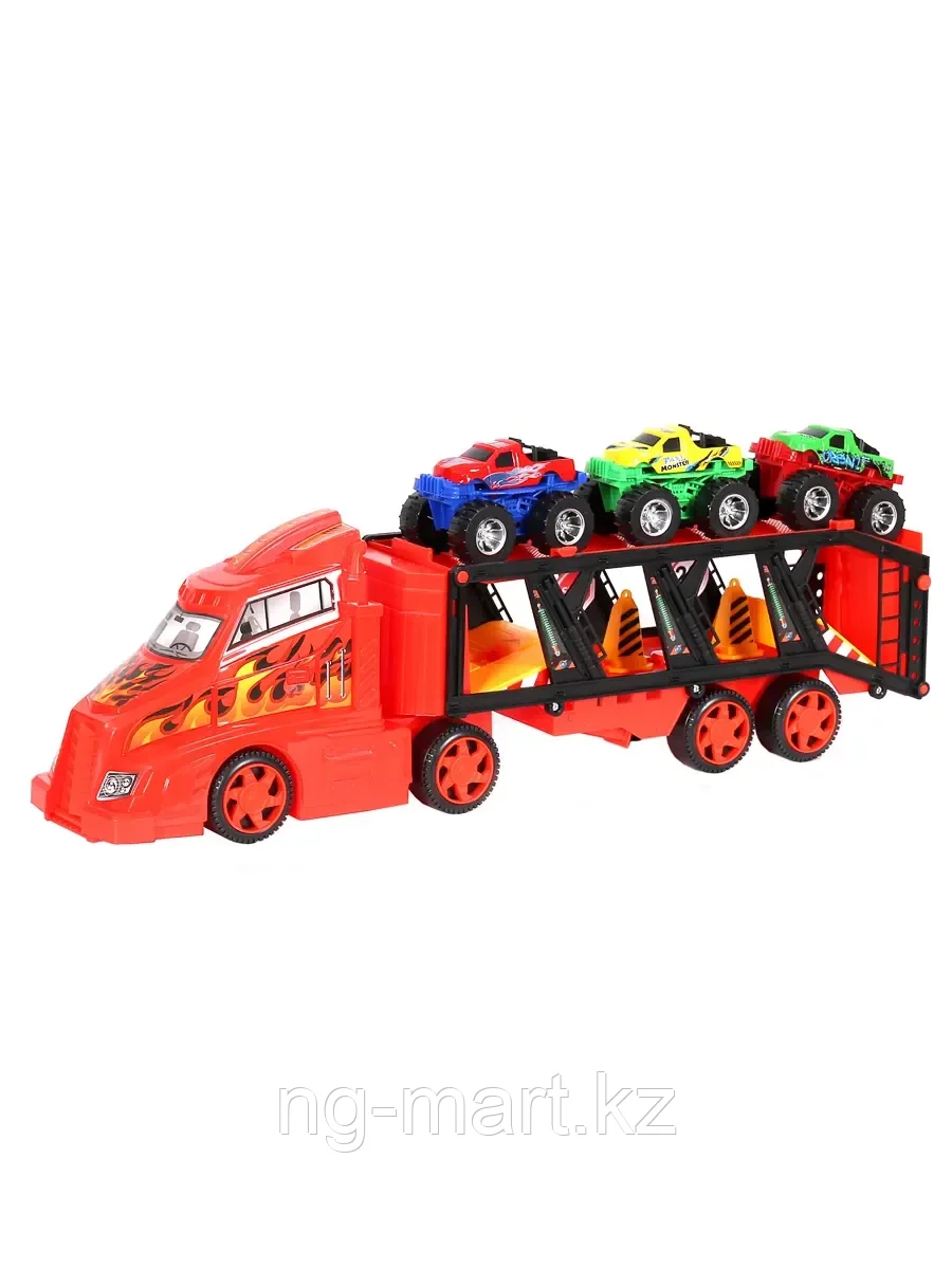 Модель машины Автовоз с 3 машинками-бигфутами, рампой для прыжков и аксессуарами 26061 - фото 1 - id-p96757889