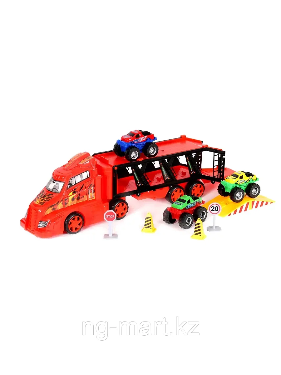Модель машины Автовоз с 3 машинками-бигфутами, рампой для прыжков и аксессуарами 26061 - фото 3 - id-p96757889