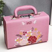 Шкатулка кожзам для украшений чемодан "Нарисованные цветы" 9,5х24х16,5 см