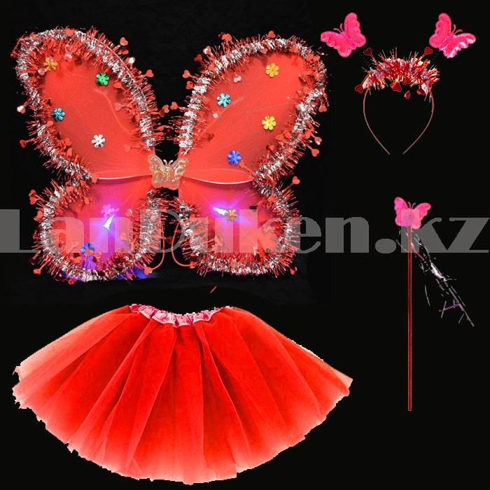Набор феи крылья с мишурой и с Led подсветкой 3 режима волшебная палочка ободок и юбка красный
