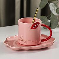 Чайная пара с ложкой «Губки», чашка 250 мл, блюдце 17,5×14 см, цвет розово-красный