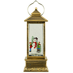 Светильник-фонарь декоративный Снеговик и дети, с эффектом снега, квадратный, (XZFD-026), Bronze