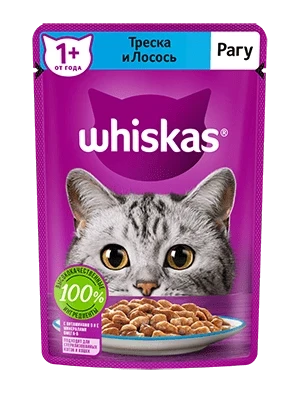 Whiskas, Вискас рагу с треской и лососем, влажный корм для кошек, пауч 28шт.*75 гр.