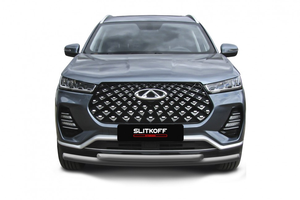 Защита переднего бампера d57+d42 двойная серебристая Chery Tiggo 7 Pro (2020-2022)