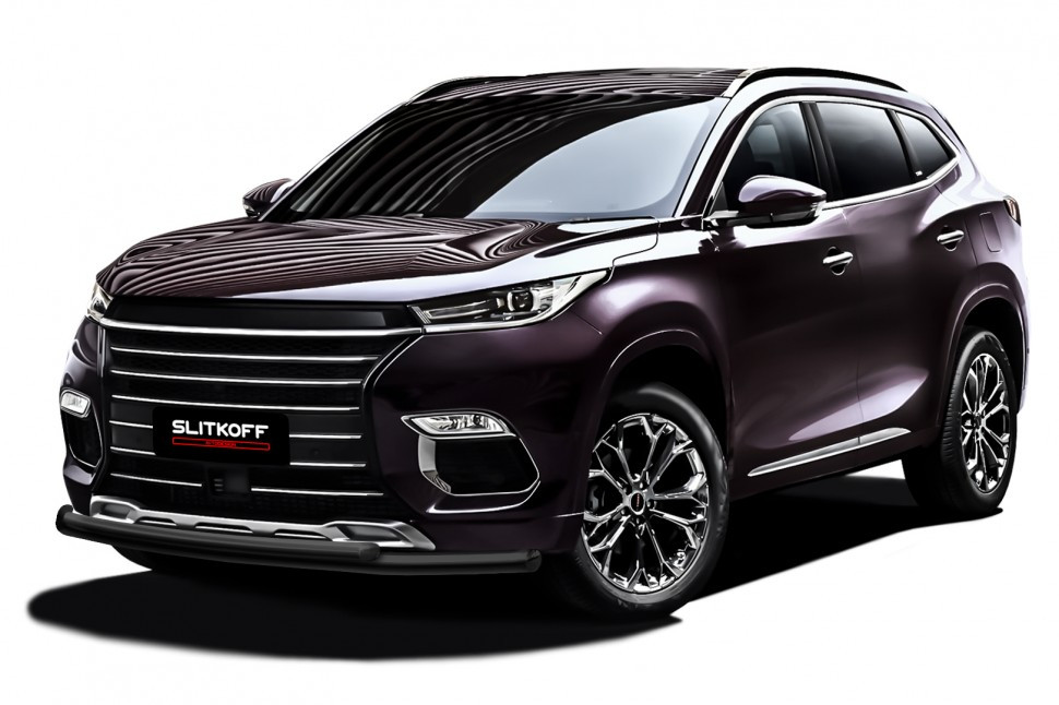 Защита переднего бампера d57+d42 двойная черная Chery Exeed TXL (2021-2022)