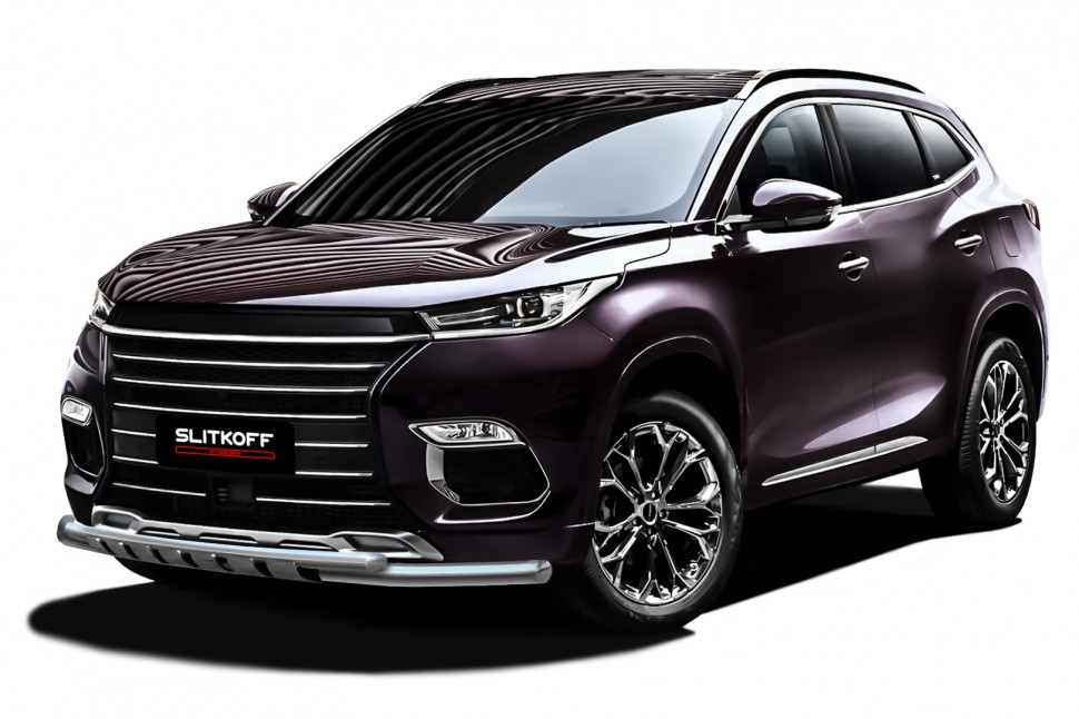 Защита переднего бампера d57+d42 двойная с декоративными элементами Chery Exeed TXL (2021-2022)