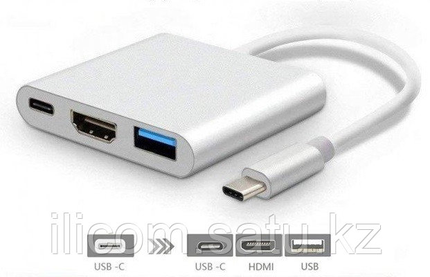 Переходник USB 3.1 Type-C to HDMI (f) + USB 3.0 + USB-C port , silver - фото 1 - id-p97075413