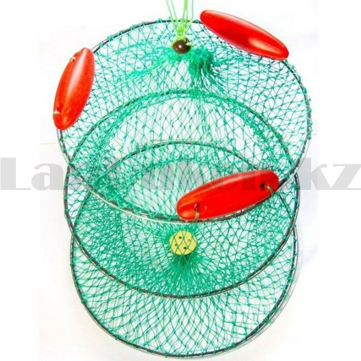 Садок рыболовный круглый с поплавками синтетические нити каркас из 3 колец складной диаметр 46 см - фото 4 - id-p97075563