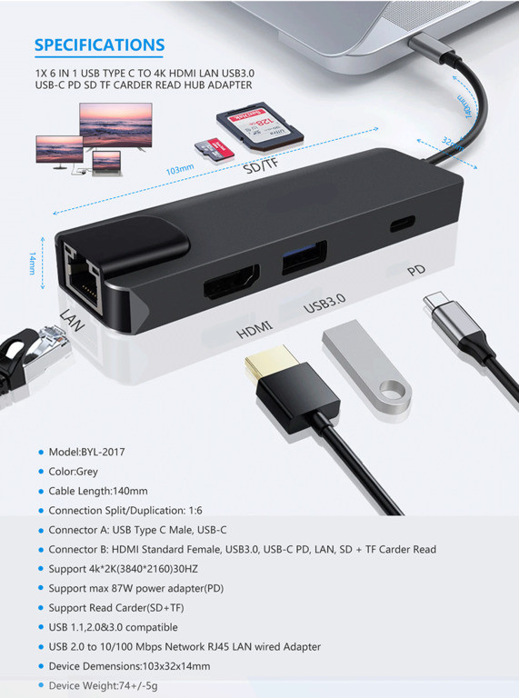 Мультифункциональный хаб / конвертер Type C (USB / HDMI / RJ45 / PD / SD / TF), модель BYL-2017 - фото 3 - id-p97079761