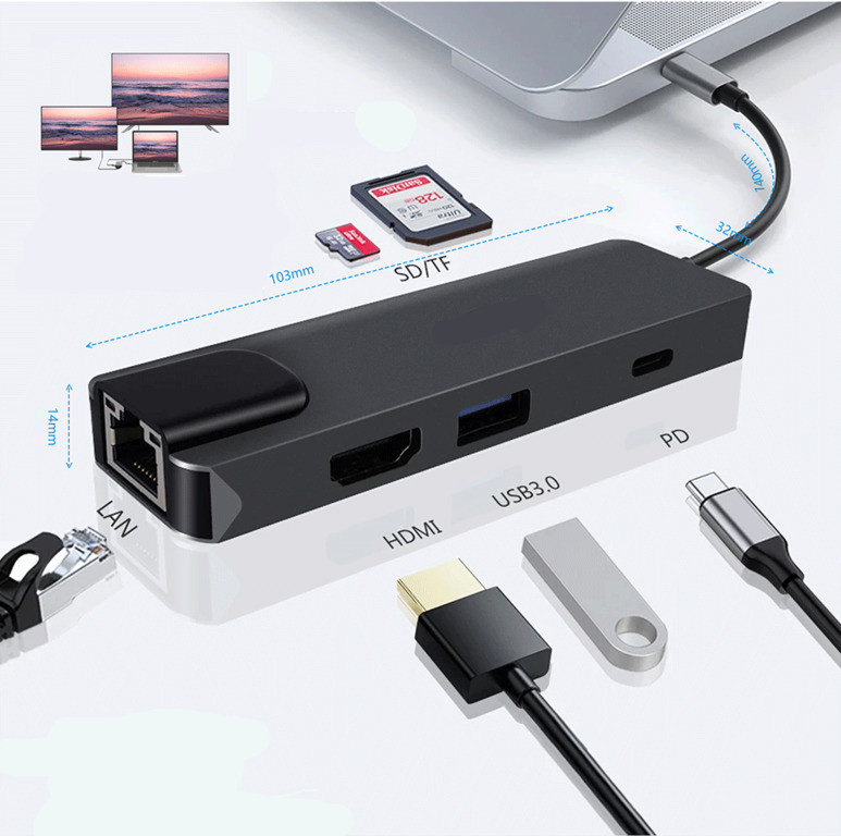 Мультифункциональный хаб / конвертер Type C (USB / HDMI / RJ45 / PD / SD / TF), модель BYL-2017 - фото 1 - id-p97079761
