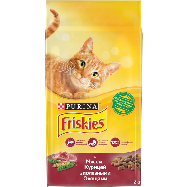 Сухой корм Friskies для взрослых кошек, с мясом, курицей и полезными овощами, Пакет, 2 кг